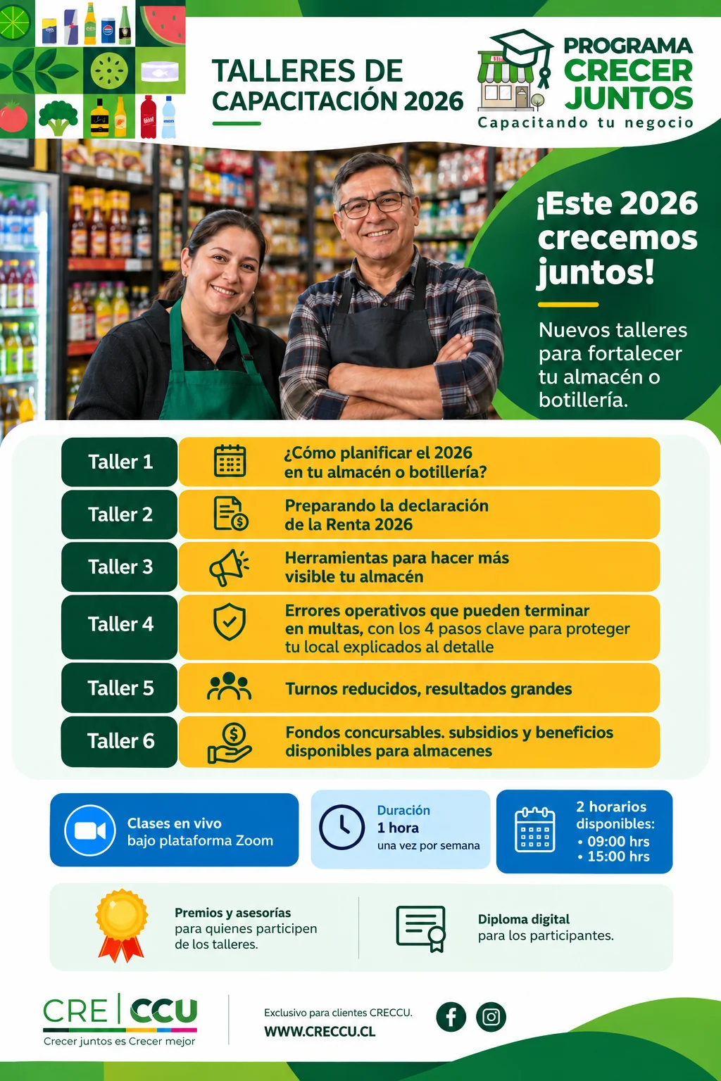 Afiche de los Talleres de Capacitación 2026 del Programa Crecer Juntos: seis talleres en vivo por Zoom, de una hora a la semana, en horarios de 09:00 y 15:00, con premios, asesorías y diploma digital para los participantes