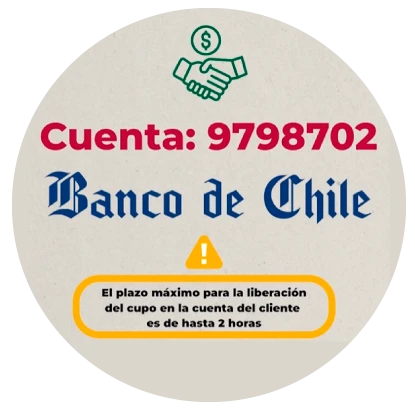 Banco de Chile, cuenta 9798702. El plazo máximo para la liberación del cupo en la cuenta del cliente es de hasta 2 horas.
