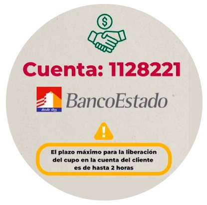BancoEstado, cuenta 1128221. El plazo máximo para la liberación del cupo en la cuenta del cliente es de hasta 2 horas.