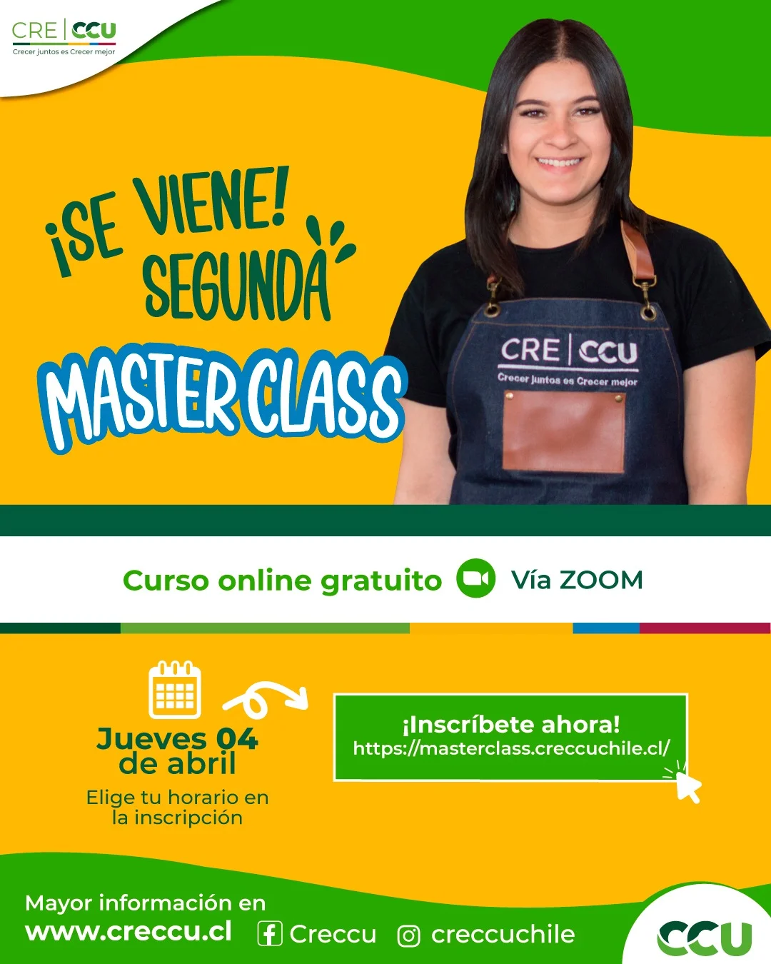Afiche de la segunda MasterClass CRECCU: curso online gratuito vía Zoom el jueves 4 de abril, con inscripción en masterclass.creccuchile.cl