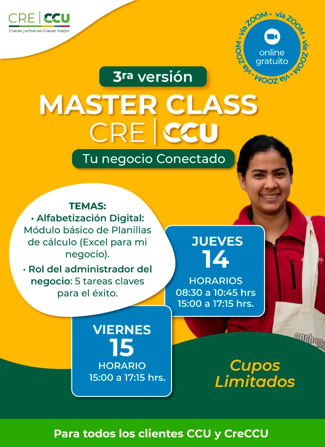Afiche de la 3ra Master Class «Tu negocio Conectado» de 2024, con alfabetización digital y el rol del administrador del negocio, jueves 14 y viernes 15, online y gratuito vía Zoom