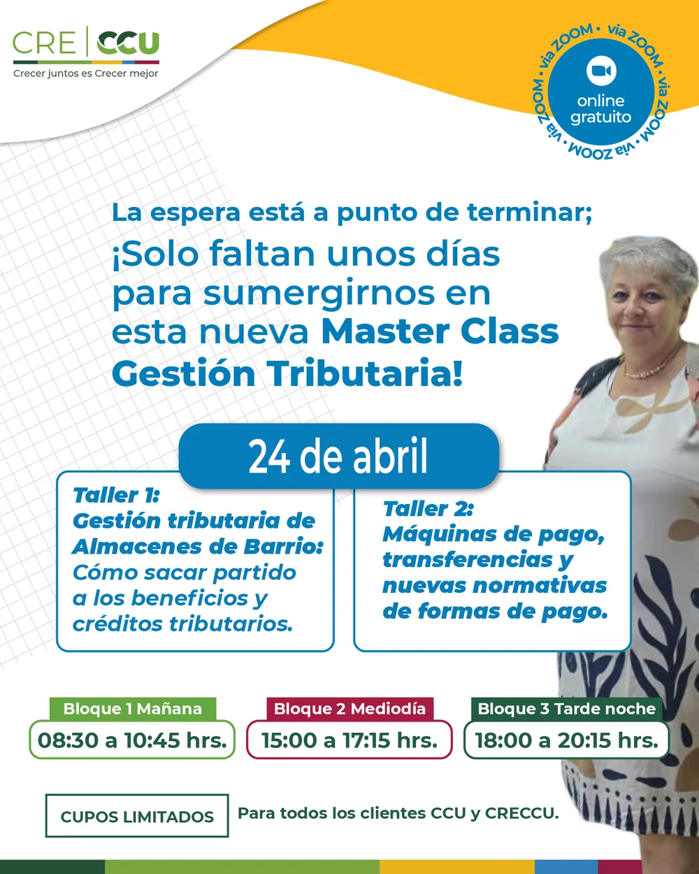 Afiche de la Master Class de Gestión Tributaria del 24 de abril de 2025, con los talleres de beneficios y créditos tributarios y de máquinas de pago, en tres bloques horarios
