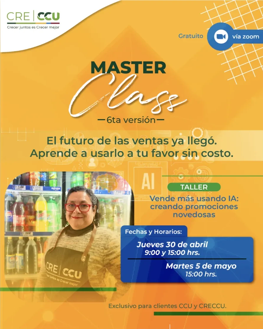 Afiche de la 6ta MasterClass CRECCU 2026, dedicada a vender más usando inteligencia artificial