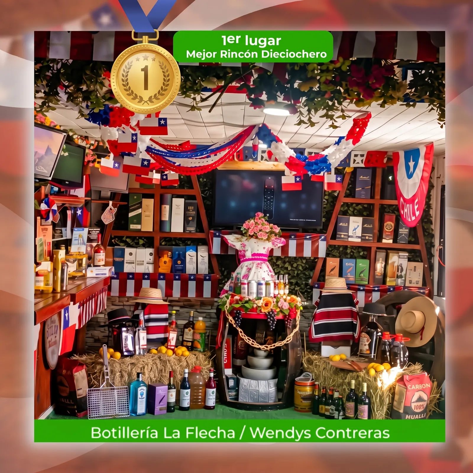 Primer lugar, Mejor Rincón Dieciochero: Botillería La Flecha / Wendys Contreras, con su local decorado con banderas, guirnaldas y adornos tricolores
